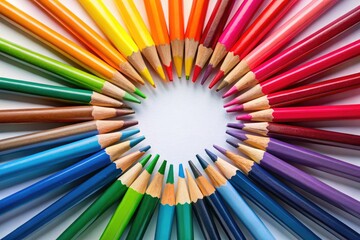 Aerial View Colored Pencils Circle Art Supplies Overhead Shot Rainbow Stationery