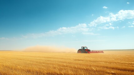 Obraz premium A red tractor plowing a vast golden wheat field under a bright blue sky with dust rising behind it. The open sky provides ample space for text placement