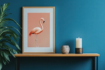 Pink flamingo print, teal wall, wooden console table, tropical plant