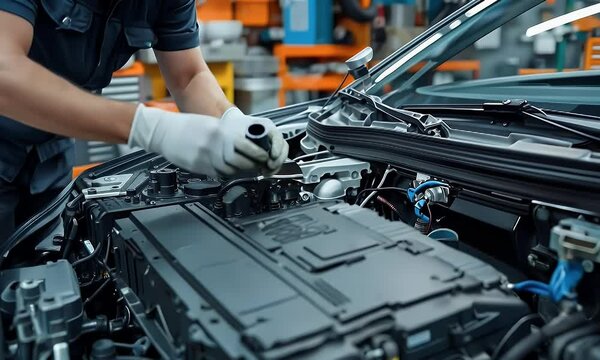 Mechanic inspecting engine, factory background, automotive repair