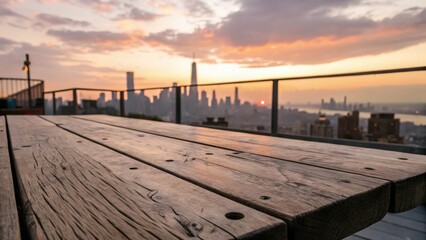 Obraz premium close up empty wooden table on the rooftop during sunset