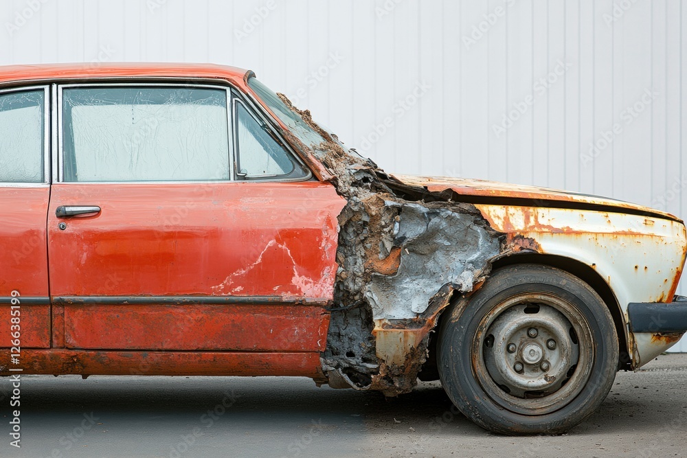 Poster Dented and rusted car contrasts with a flawlessly restored vehicle showcasing automotive restoration skill and craftsmanship. Generative AI