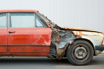Dented and rusted car contrasts with a flawlessly restored vehicle showcasing automotive restoration skill and craftsmanship. Generative AI