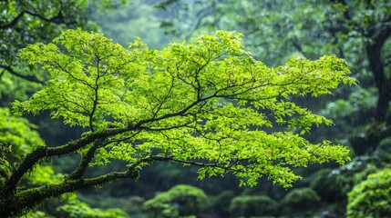 Obraz premium Lush Green Maple Branch in Japanese Garden