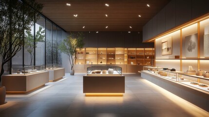 Fototapeta premium A sleek, modern interior of a boutique showcases illuminated displays and natural elements, creating a serene shopping atmosphere.