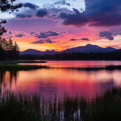 Obraz premium Breathtaking lake sunset with mountain views