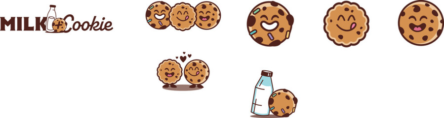 cute and fun chocolate chip cookies and milk cartoon character vector illustration without background PNG EPS