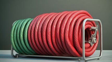 Organized gardening equipment red and green hose coils studio setting still life minimalist viewpoint