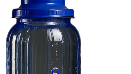 A transparent water bottle, with condensation on its surface, isolated against a transparent background