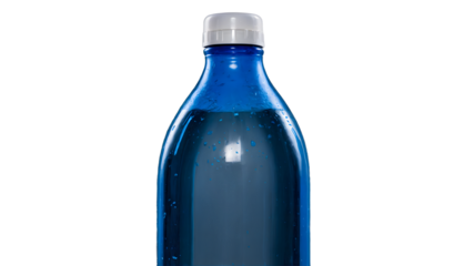 A transparent water bottle, with condensation on its surface, isolated against a transparent background