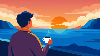 With a cup of hot coffee in hand the freelancer watches the sunrise over the ocean grateful for the peaceful and serene coastal hideaway.. Vector illustration