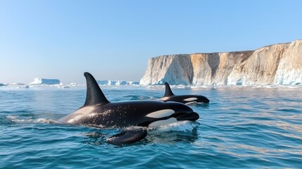 Fototapeta premium Orcas swimming near icebergs in arctic seas. Use for nature documentaries, educational materials