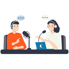 Podcast Person Character. Person Listening and Talking. Vector Illustration.