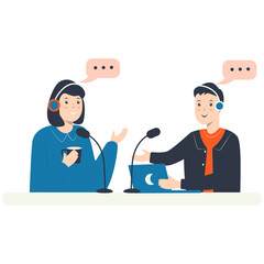 Podcast Person Character. Person Listening and Talking. Vector Illustration.