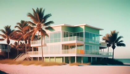 Obraz premium Beachfront Modern House Tropical Palm Trees Sunset