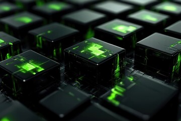 Fototapeta premium Abstract close-up of glowing green and black digital blocks arranged in a grid, suggesting technology and innovation in a futuristic setting