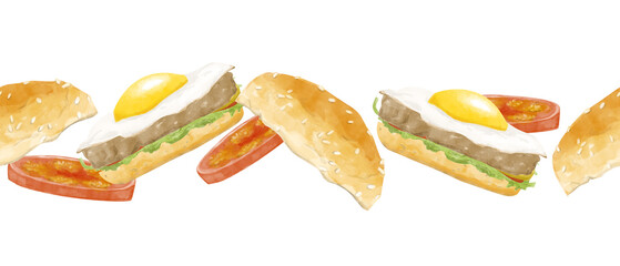 Watercolor Seamless Pattern Breakfast Sandwich Illustration, Clipart for Menu Design, Posters, Print, Web Design, Fabric, Textile, Scrapbooking