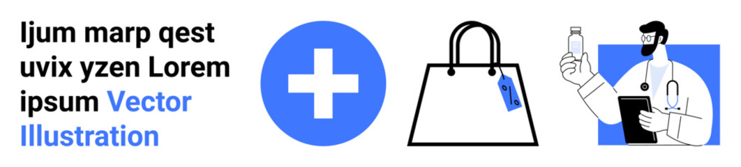 Doctor examining a bottle, shopping bag with a tag, blue cross sign. Ideal for health, medicine, e-commerce, shopping, pharmacy medical advice wellness. Flat landing page banner
