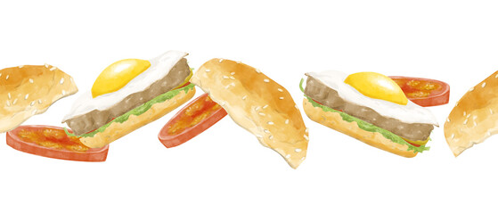 Watercolor Seamless Pattern Breakfast Sandwich Illustration, Clipart for Menu Design, Posters, Print, Web Design, Fabric, Textile, Scrapbooking