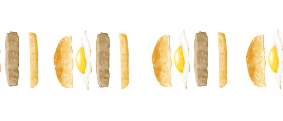 Watercolor Seamless Pattern Breakfast Sandwich Illustration, Clipart for Menu Design, Posters, Print, Web Design, Fabric, Textile, Scrapbooking