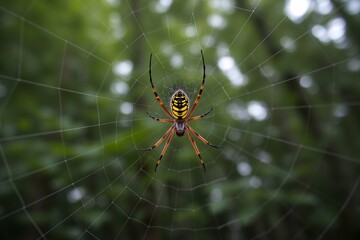 A detailed close-up of a colorful spider sitting on its web among vibrant green foliage, showcasing tangles of spun silk in a natural setting