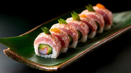 Delicious Sushi Rolls on a Green Plate