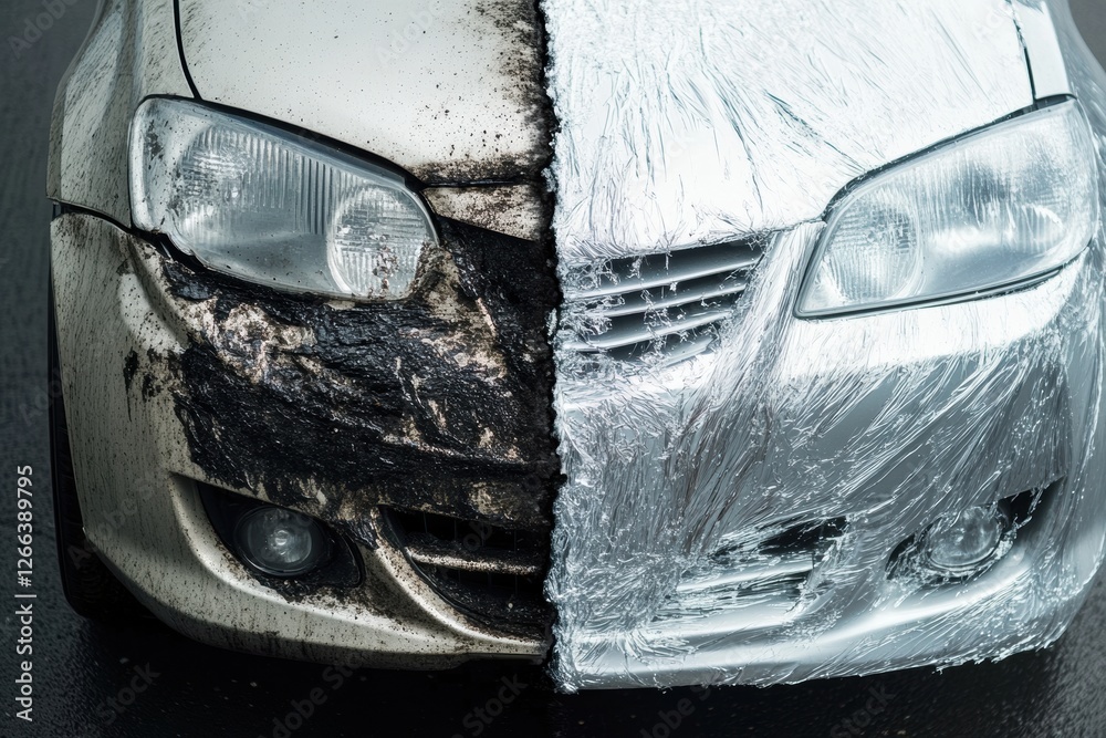 Poster Comparing the differences between a dirty scratched car and a shiny polished vehicle showcasing the effects of maintenance. Generative AI