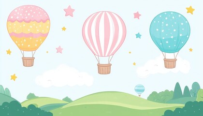 Balloons floating over green hills, stars and sky. Use for a children's room, nursery decor
