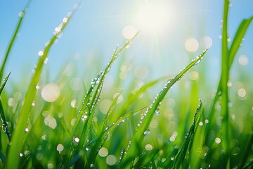 Close-up of dew-covered grass blades glistening in the morning light, with dreamy bokeh effects and a crisp blue sky. A tranquil scene perfect for wellness blogs, eco-campaigns, and digital background