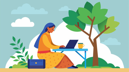 Wearing a traditional salwar kameez the freelancer sets up her portable desk under a tree her laptop powered by a solar charger as she works on a design project for a tea company.. Vector illustration