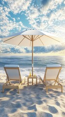 Beach chairs, umbrella, ocean sunset; relaxing vacation scene