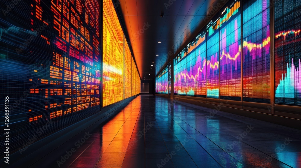 Poster a vibrant, futuristic hallway displays colorful data visualizations and graphs, reflecting a dynamic