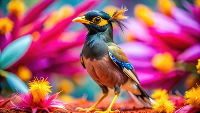 Cute common myna rocks avian style; exotic bird fashion, wildlife chic.
