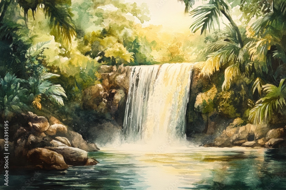 Poster flowing waterfall surrounded by lush greenery in a serene tropical landscape during daylight. genera