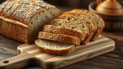 Artisan Crusty Bread Slices on Wooden Board