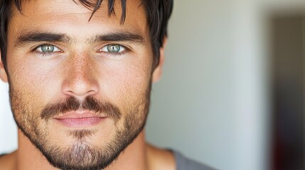 Obraz premium Man's intense gaze, indoor portrait, blurred background, ideal for profile picture