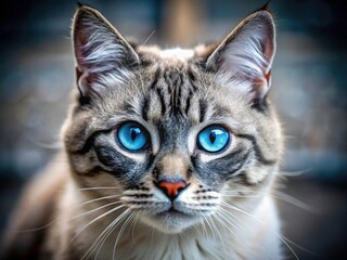 Documentary-style feline portrait: a gray cat, piercing blue eyes, masked in shadow.