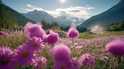 Obraz premium Pink flowers blowing in mountain valley breeze