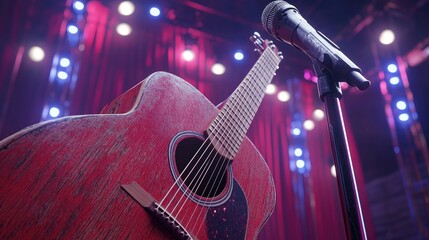 Fototapeta premium Red acoustic guitar on stage, spotlight background, music concert