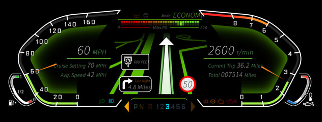Dial Cluster template, Dial Cluster vector, dashboard template - illustrated in ECONOMY driving mode with SatNav - vector graphics in Adobe Illustrator format