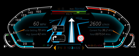 Dial Cluster template, Dial Cluster vector, dashboard template - illustrated in NORMAL driving mode with SatNav - vector graphics in Adobe Illustrator format