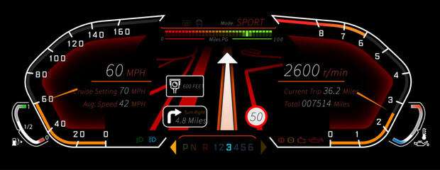 Dial Cluster template, Dial Cluster vector, dashboard template - illustrated in SPORT driving mode with SatNav - vector graphics in Adobe Illustrator format