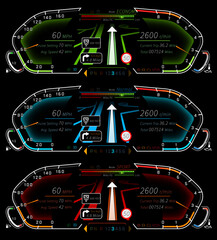 Dial Cluster template, Dial Cluster vector, dashboard template - illustration of all 3 driving modes with SatNav - vector graphics in Adobe Illustrator format