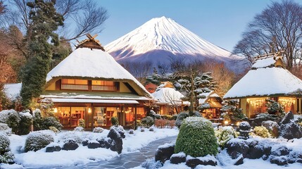 Snowy village, Mount Fuji view, winter