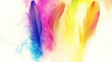 Colorful feathers in vibrant smoke, white background, design element