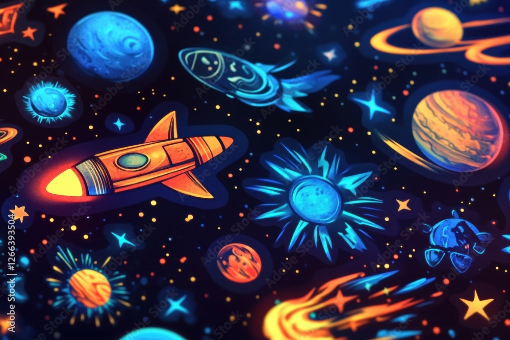 Poster colorful space themed stickers featuring rockets and planets on a dark background in artistic design