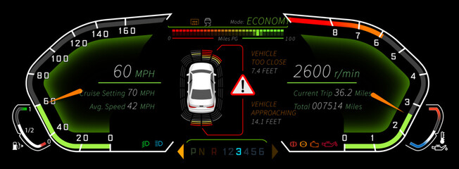 Dial Cluster template, Dial Cluster vector, dashboard template - illustrated in ECONOMY mode with proximity sensors - vector graphics in Adobe Illustrator format