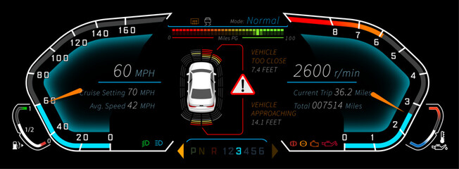 Dial Cluster template, Dial Cluster vector, dashboard template - illustrated in NORMAL mode with proximity sensors - vector graphics in Adobe Illustrator format