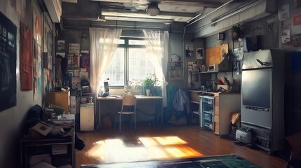 Artistic Studio Interior With Natural Light Streaming Through Window, Desk and Various Objects