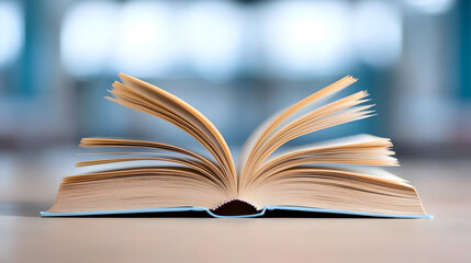 Obraz premium Open book on table, blurred background, knowledge, education